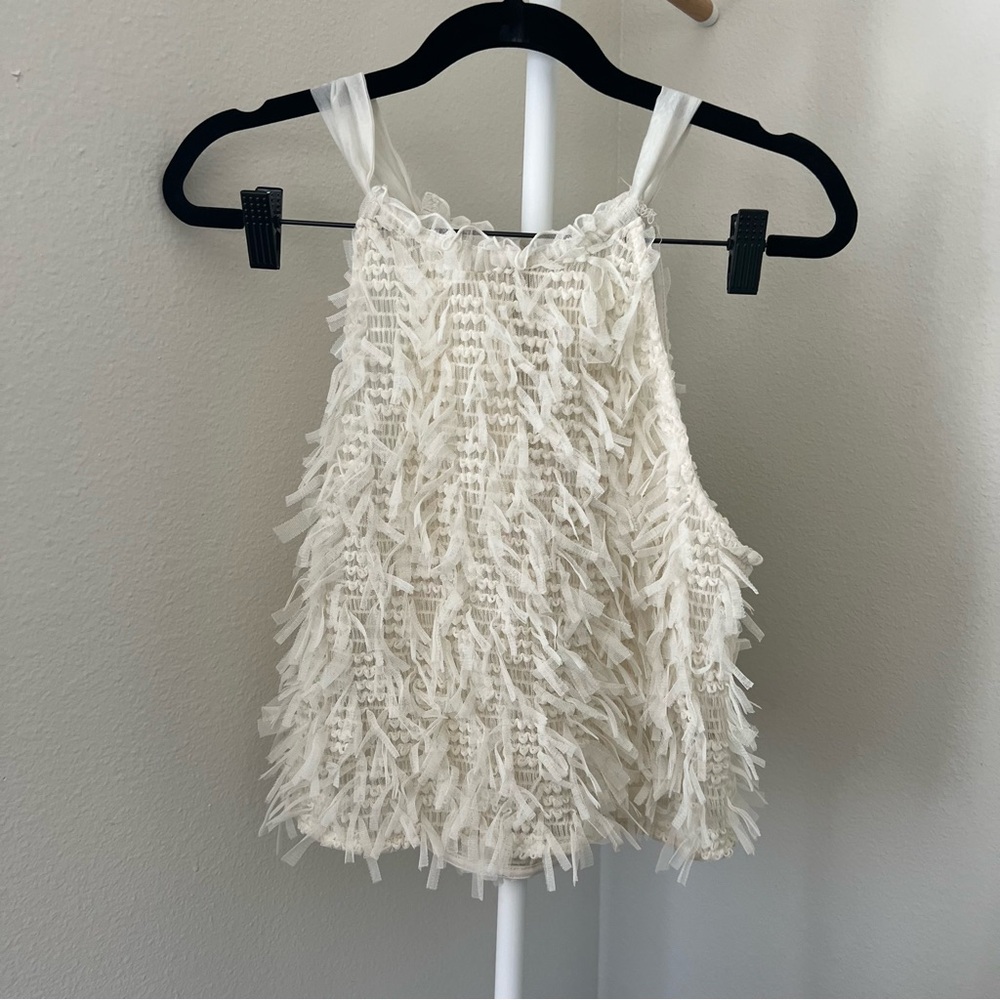 Snidel White Halter Neck Cropped Cami Top Fringe Shirred Tulle Ribbon